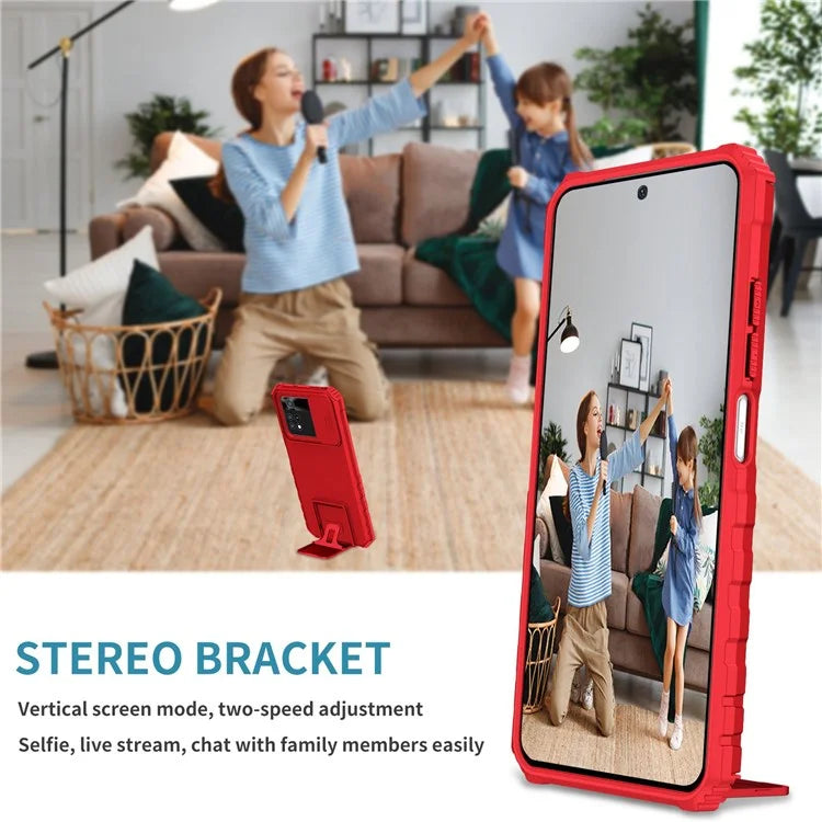 For Xiaomi Poco M4 Pro 4G Drop-proof Hands-free Kickstand Protective Phone Case PC + TPU Cover with Sliding Camera Protection