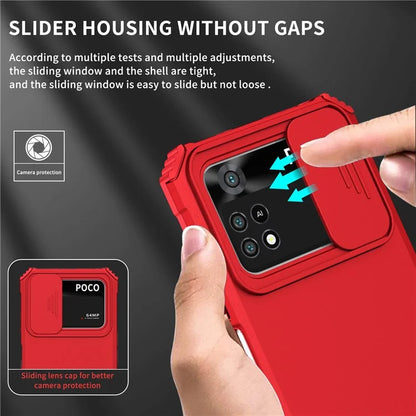 For Xiaomi Poco M4 Pro 4G Drop-proof Hands-free Kickstand Protective Phone Case PC + TPU Cover with Sliding Camera Protection