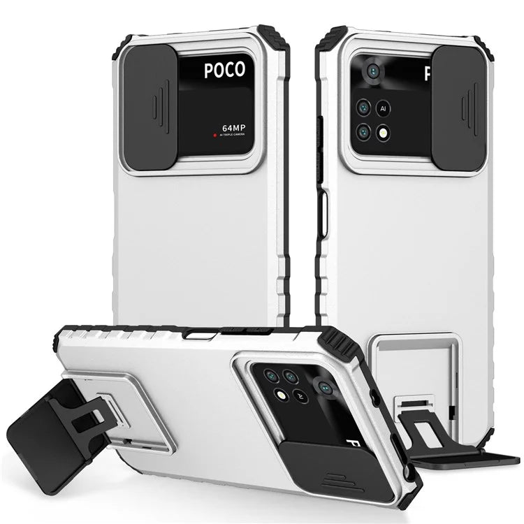 For Xiaomi Poco M4 Pro 4G Drop-proof Hands-free Kickstand Protective Phone Case PC + TPU Cover with Sliding Camera Protection