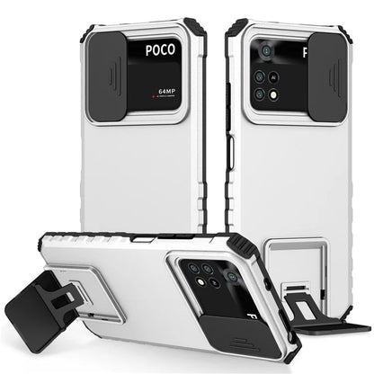 For Xiaomi Poco M4 Pro 4G Drop-proof Hands-free Kickstand Protective Phone Case PC + TPU Cover with Sliding Camera Protection