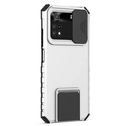 For Xiaomi Poco M4 Pro 4G Drop-proof Hands-free Kickstand Protective Phone Case PC + TPU Cover with Sliding Camera Protection