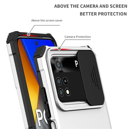 For Xiaomi Poco M4 Pro 4G Drop-proof Hands-free Kickstand Protective Phone Case PC + TPU Cover with Sliding Camera Protection