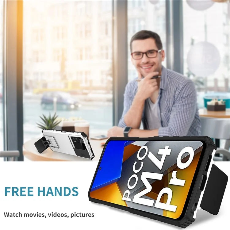 For Xiaomi Poco M4 Pro 4G Drop-proof Hands-free Kickstand Protective Phone Case PC + TPU Cover with Sliding Camera Protection