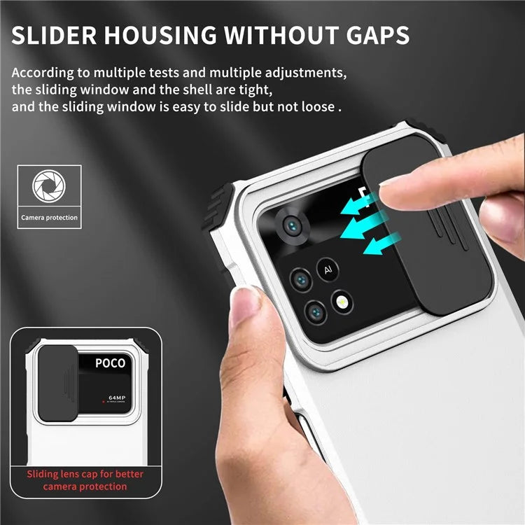For Xiaomi Poco M4 Pro 4G Drop-proof Hands-free Kickstand Protective Phone Case PC + TPU Cover with Sliding Camera Protection