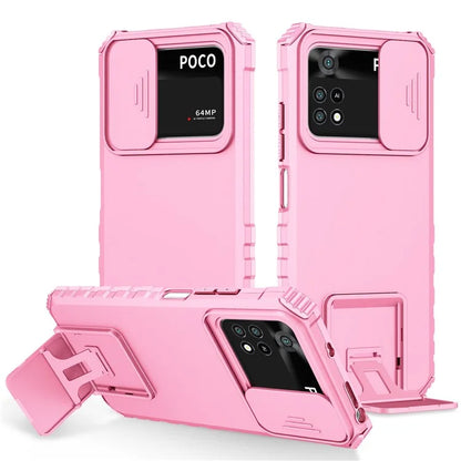 For Xiaomi Poco M4 Pro 4G Drop-proof Hands-free Kickstand Protective Phone Case PC + TPU Cover with Sliding Camera Protection