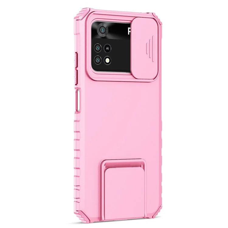 For Xiaomi Poco M4 Pro 4G Drop-proof Hands-free Kickstand Protective Phone Case PC + TPU Cover with Sliding Camera Protection