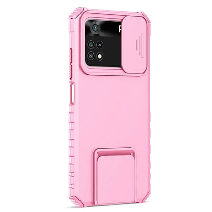 For Xiaomi Poco M4 Pro 4G Drop-proof Hands-free Kickstand Protective Phone Case PC + TPU Cover with Sliding Camera Protection