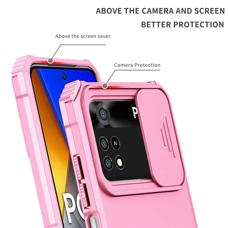 For Xiaomi Poco M4 Pro 4G Drop-proof Hands-free Kickstand Protective Phone Case PC + TPU Cover with Sliding Camera Protection