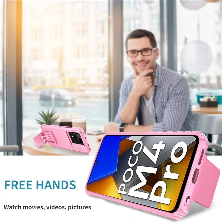 For Xiaomi Poco M4 Pro 4G Drop-proof Hands-free Kickstand Protective Phone Case PC + TPU Cover with Sliding Camera Protection