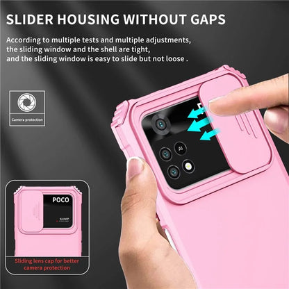 For Xiaomi Poco M4 Pro 4G Drop-proof Hands-free Kickstand Protective Phone Case PC + TPU Cover with Sliding Camera Protection
