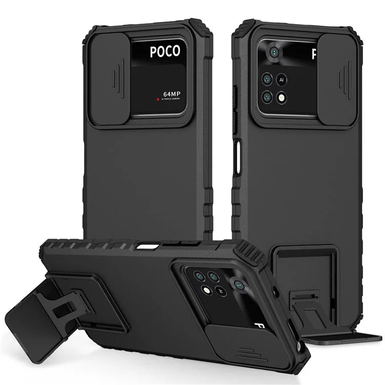 For Xiaomi Poco M4 Pro 4G Drop-proof Hands-free Kickstand Protective Phone Case PC + TPU Cover with Sliding Camera Protection
