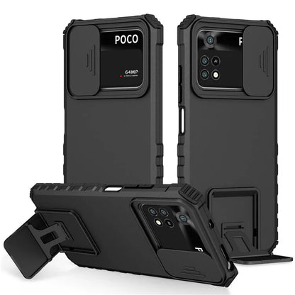 For Xiaomi Poco M4 Pro 4G Drop-proof Hands-free Kickstand Protective Phone Case PC + TPU Cover with Sliding Camera Protection