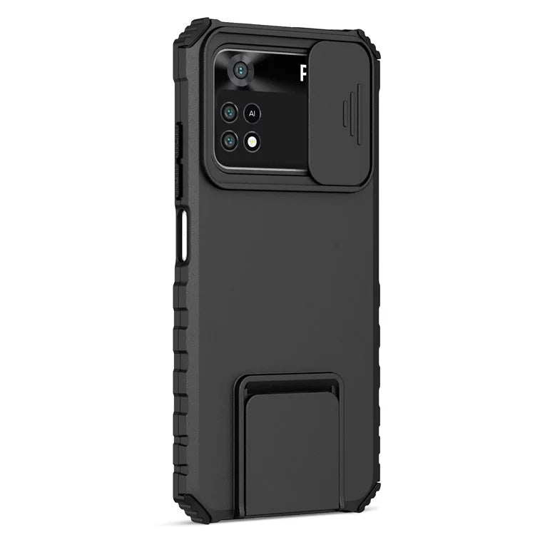 For Xiaomi Poco M4 Pro 4G Drop-proof Hands-free Kickstand Protective Phone Case PC + TPU Cover with Sliding Camera Protection