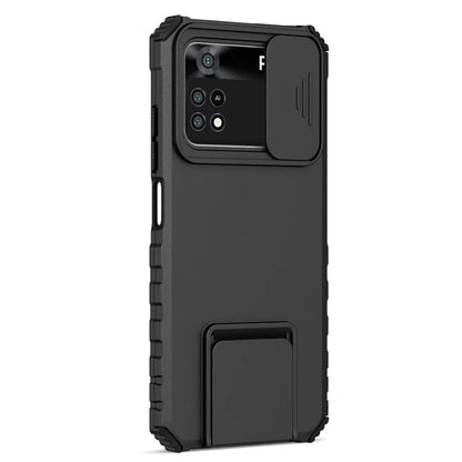 For Xiaomi Poco M4 Pro 4G Drop-proof Hands-free Kickstand Protective Phone Case PC + TPU Cover with Sliding Camera Protection