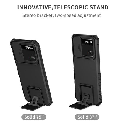 For Xiaomi Poco M4 Pro 4G Drop-proof Hands-free Kickstand Protective Phone Case PC + TPU Cover with Sliding Camera Protection