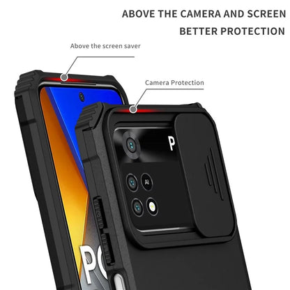 For Xiaomi Poco M4 Pro 4G Drop-proof Hands-free Kickstand Protective Phone Case PC + TPU Cover with Sliding Camera Protection