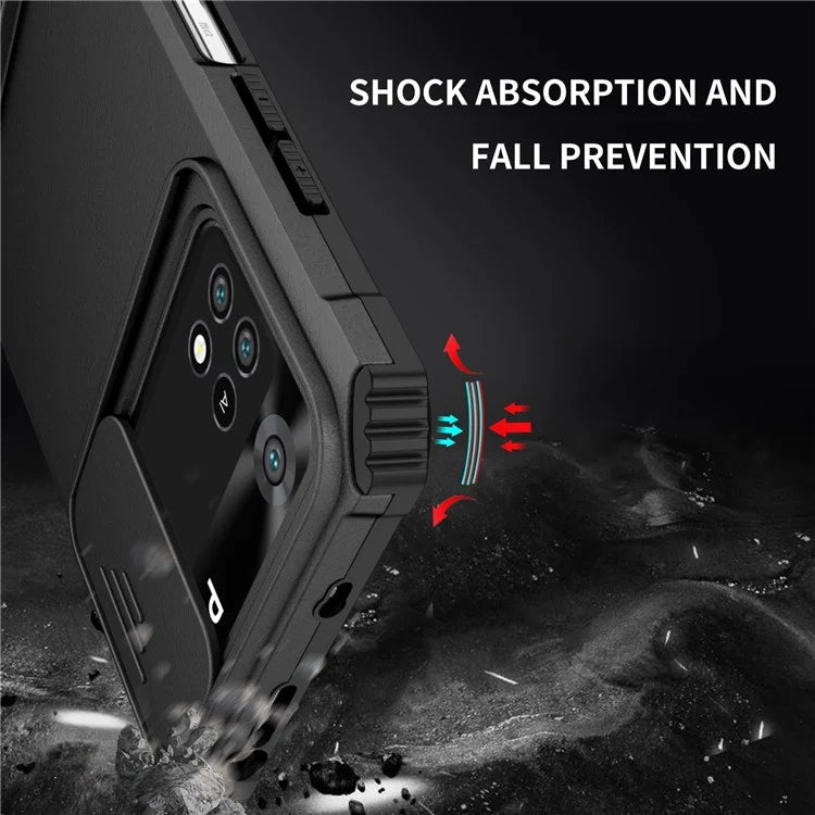 For Xiaomi Poco M4 Pro 4G Drop-proof Hands-free Kickstand Protective Phone Case PC + TPU Cover with Sliding Camera Protection