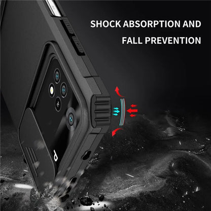 For Xiaomi Poco M4 Pro 4G Drop-proof Hands-free Kickstand Protective Phone Case PC + TPU Cover with Sliding Camera Protection