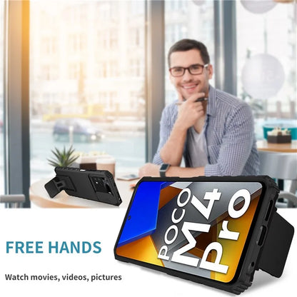 For Xiaomi Poco M4 Pro 4G Drop-proof Hands-free Kickstand Protective Phone Case PC + TPU Cover with Sliding Camera Protection