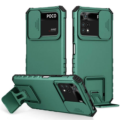 For Xiaomi Poco M4 Pro 4G Drop-proof Hands-free Kickstand Protective Phone Case PC + TPU Cover with Sliding Camera Protectionish Green