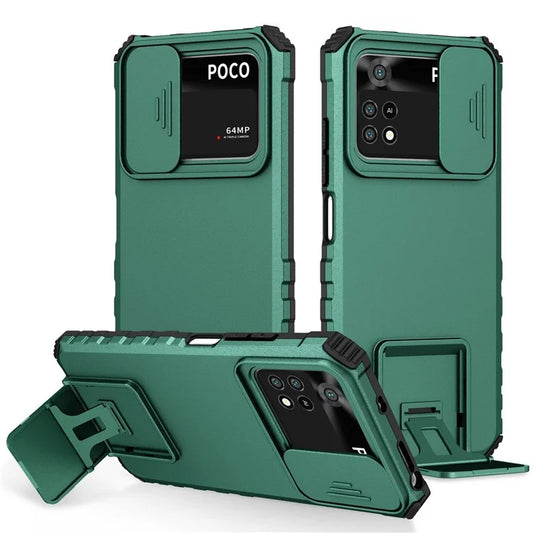 For Xiaomi Poco M4 Pro 4G Drop-proof Hands-free Kickstand Protective Phone Case PC + TPU Cover with Sliding Camera Protectionish Green