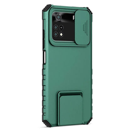 For Xiaomi Poco M4 Pro 4G Drop-proof Hands-free Kickstand Protective Phone Case PC + TPU Cover with Sliding Camera Protectionish Green
