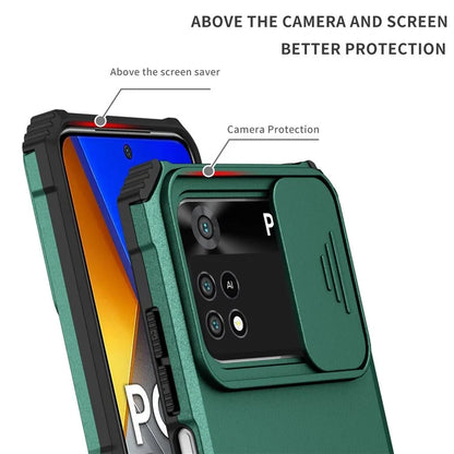 For Xiaomi Poco M4 Pro 4G Drop-proof Hands-free Kickstand Protective Phone Case PC + TPU Cover with Sliding Camera Protectionish Green