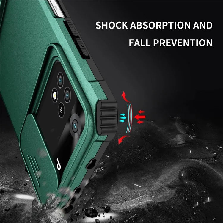 For Xiaomi Poco M4 Pro 4G Drop-proof Hands-free Kickstand Protective Phone Case PC + TPU Cover with Sliding Camera Protectionish Green