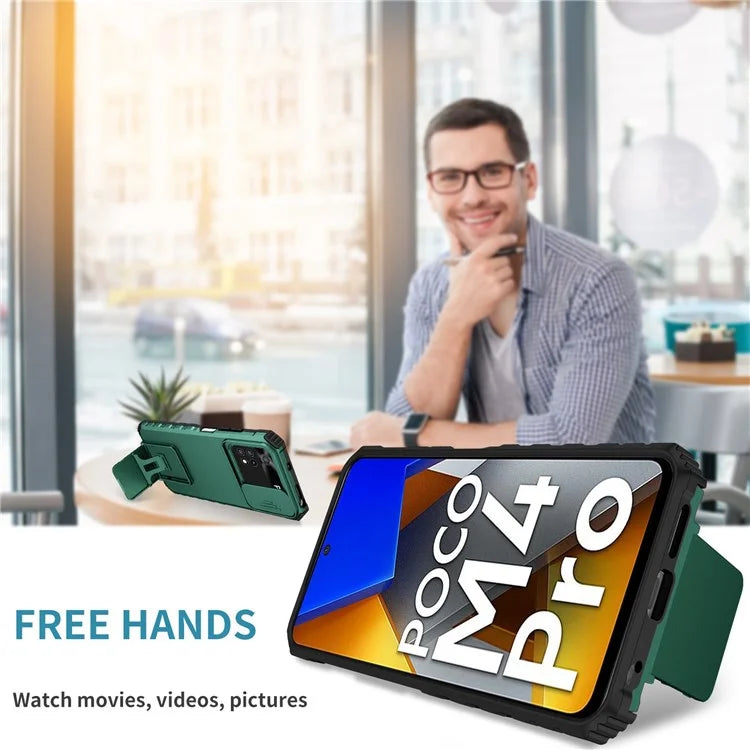 For Xiaomi Poco M4 Pro 4G Drop-proof Hands-free Kickstand Protective Phone Case PC + TPU Cover with Sliding Camera Protectionish Green