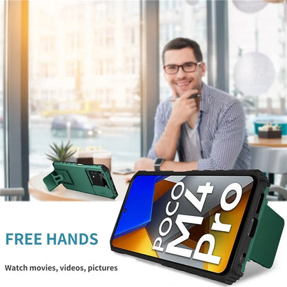 For Xiaomi Poco M4 Pro 4G Drop-proof Hands-free Kickstand Protective Phone Case PC + TPU Cover with Sliding Camera Protectionish Green