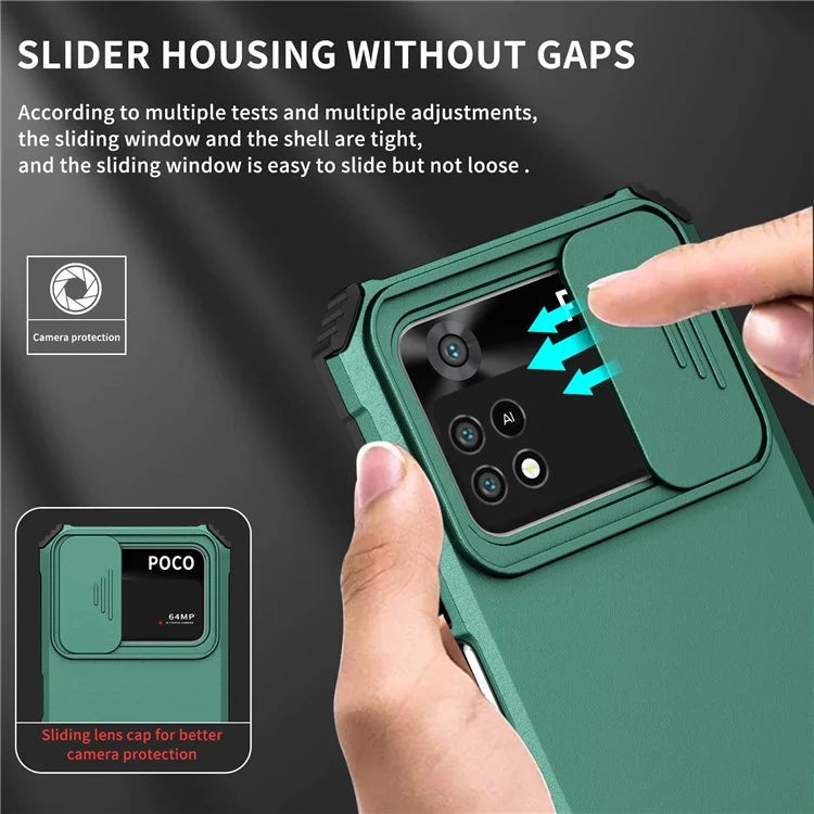 For Xiaomi Poco M4 Pro 4G Drop-proof Hands-free Kickstand Protective Phone Case PC + TPU Cover with Sliding Camera Protectionish Green