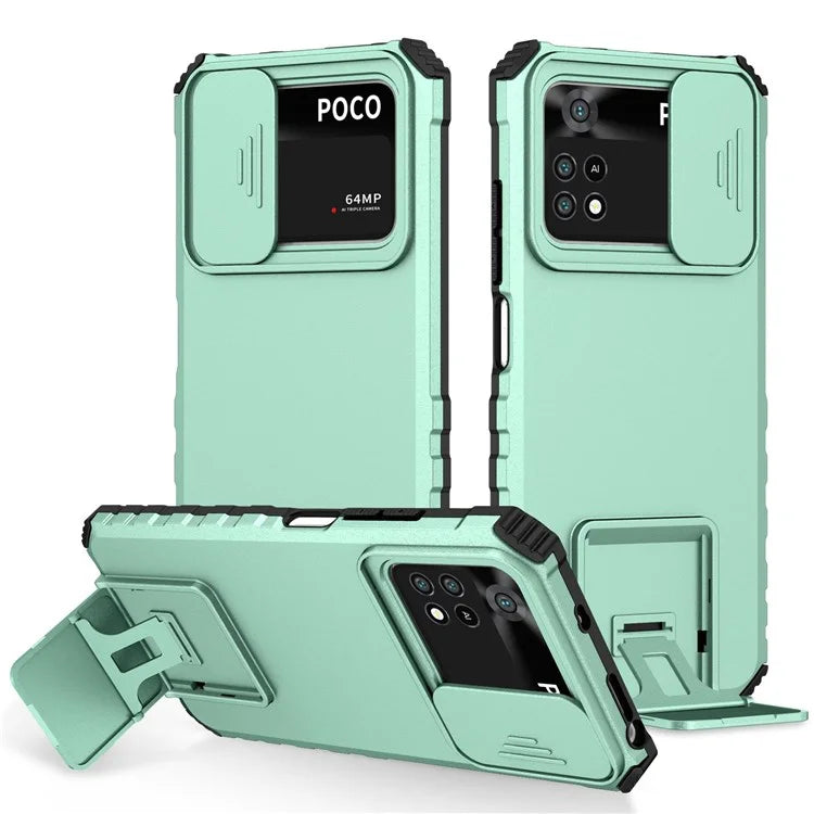 For Xiaomi Poco M4 Pro 4G Drop-proof Hands-free Kickstand Protective Phone Case PC + TPU Cover with Sliding Camera Protection