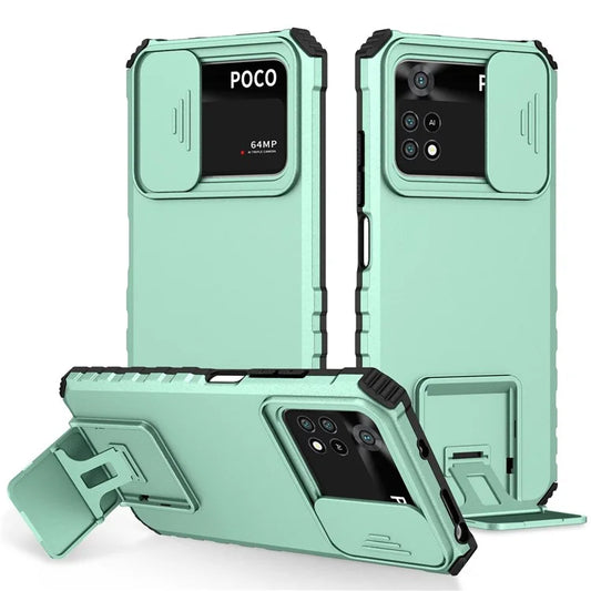 For Xiaomi Poco M4 Pro 4G Drop-proof Hands-free Kickstand Protective Phone Case PC + TPU Cover with Sliding Camera Protection