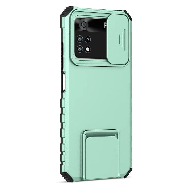 For Xiaomi Poco M4 Pro 4G Drop-proof Hands-free Kickstand Protective Phone Case PC + TPU Cover with Sliding Camera Protection