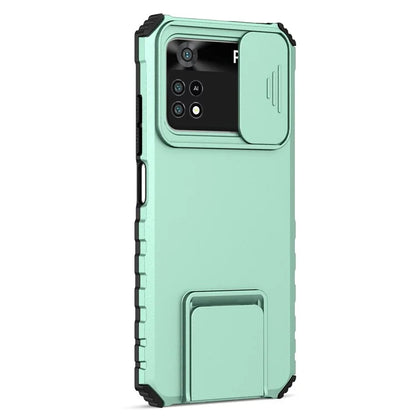 For Xiaomi Poco M4 Pro 4G Drop-proof Hands-free Kickstand Protective Phone Case PC + TPU Cover with Sliding Camera Protection