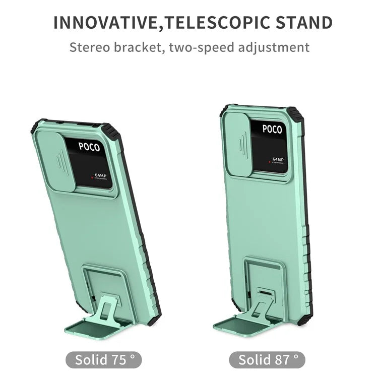 For Xiaomi Poco M4 Pro 4G Drop-proof Hands-free Kickstand Protective Phone Case PC + TPU Cover with Sliding Camera Protection