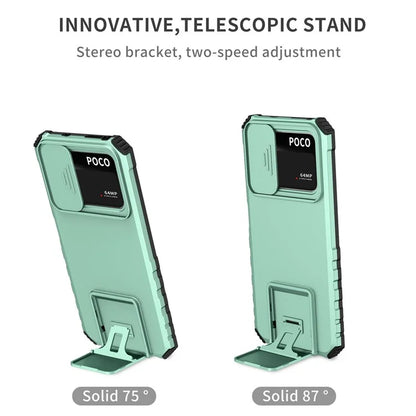 For Xiaomi Poco M4 Pro 4G Drop-proof Hands-free Kickstand Protective Phone Case PC + TPU Cover with Sliding Camera Protection