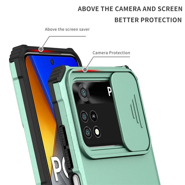 For Xiaomi Poco M4 Pro 4G Drop-proof Hands-free Kickstand Protective Phone Case PC + TPU Cover with Sliding Camera Protection