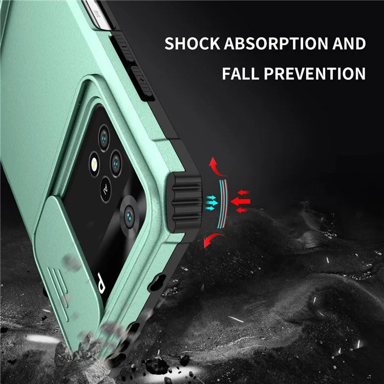 For Xiaomi Poco M4 Pro 4G Drop-proof Hands-free Kickstand Protective Phone Case PC + TPU Cover with Sliding Camera Protection