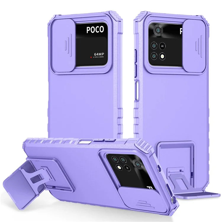 For Xiaomi Poco M4 Pro 4G Drop-proof Hands-free Kickstand Protective Phone Case PC + TPU Cover with Sliding Camera Protection