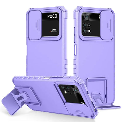 For Xiaomi Poco M4 Pro 4G Drop-proof Hands-free Kickstand Protective Phone Case PC + TPU Cover with Sliding Camera Protection