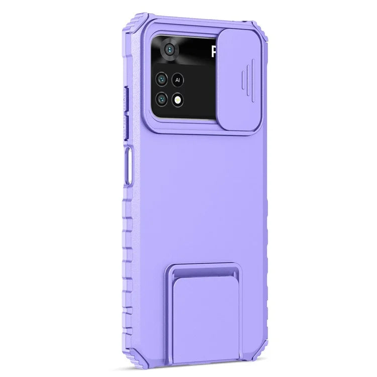 For Xiaomi Poco M4 Pro 4G Drop-proof Hands-free Kickstand Protective Phone Case PC + TPU Cover with Sliding Camera Protection