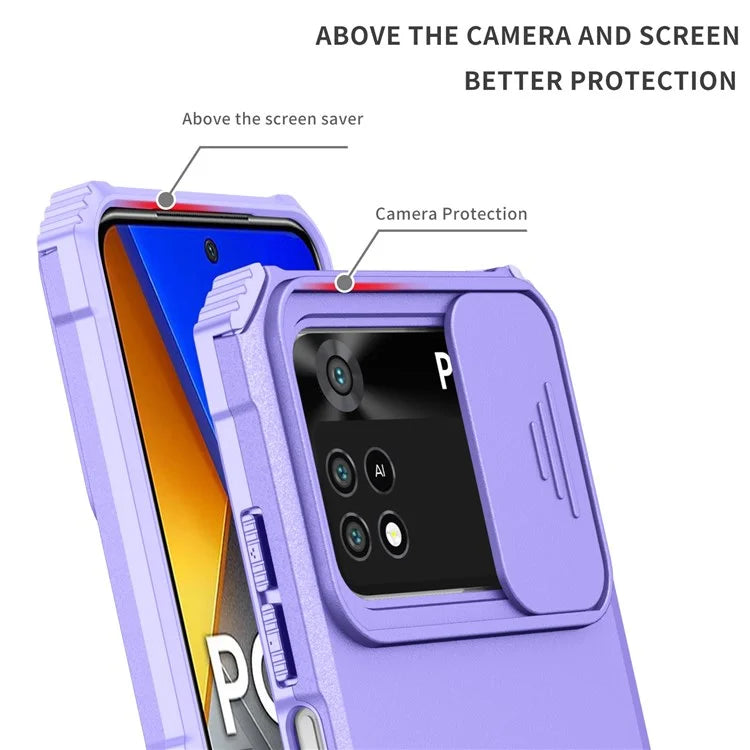 For Xiaomi Poco M4 Pro 4G Drop-proof Hands-free Kickstand Protective Phone Case PC + TPU Cover with Sliding Camera Protection