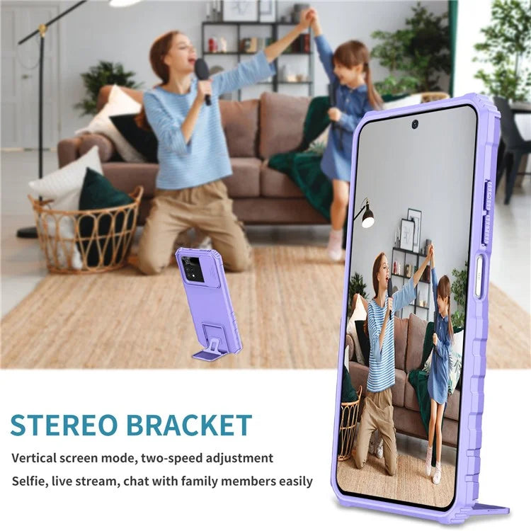 For Xiaomi Poco M4 Pro 4G Drop-proof Hands-free Kickstand Protective Phone Case PC + TPU Cover with Sliding Camera Protection
