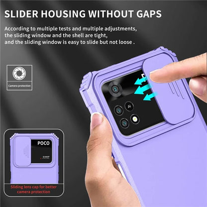 For Xiaomi Poco M4 Pro 4G Drop-proof Hands-free Kickstand Protective Phone Case PC + TPU Cover with Sliding Camera Protection