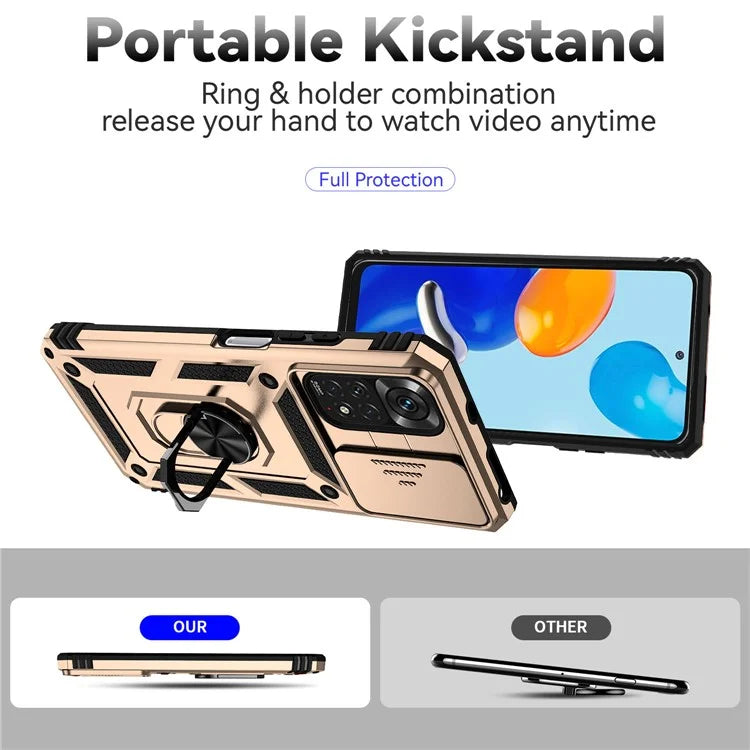 For Xiaomi Redmi Note 11 4G (Qualcomm) / Redmi Note 11S 4G Case PC+TPU Kickstand Phone Cover with Slide Camera Lid