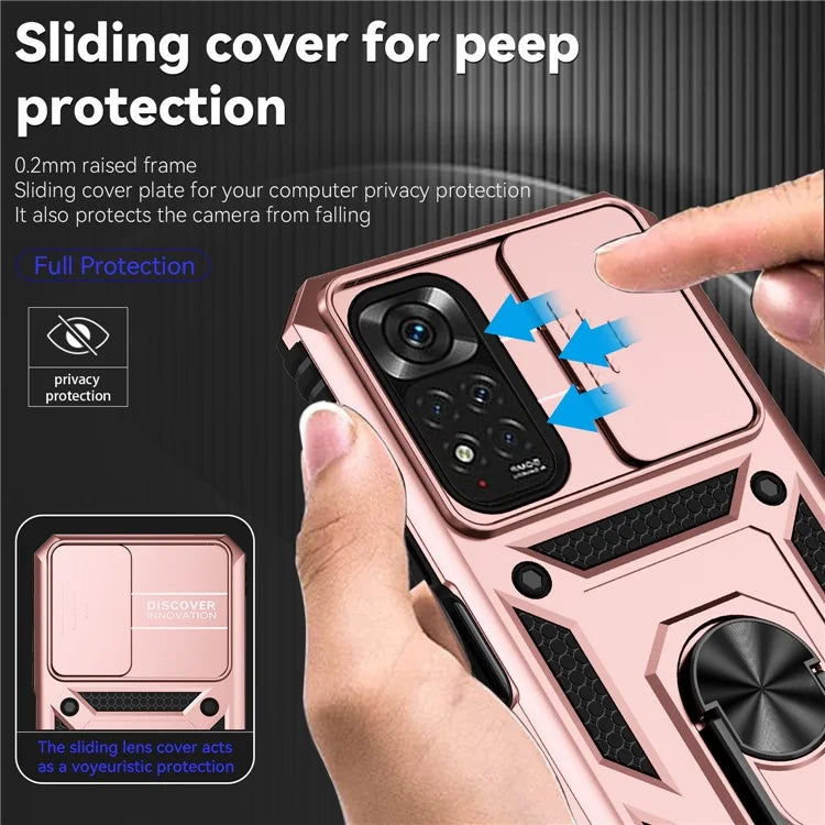 For Xiaomi Redmi Note 11 4G (Qualcomm) / Redmi Note 11S 4G Case PC+TPU Kickstand Phone Cover with Slide Camera Lid