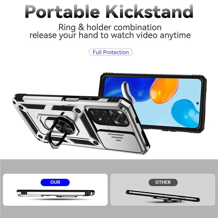 For Xiaomi Redmi Note 11 4G (Qualcomm) / Redmi Note 11S 4G Case PC+TPU Kickstand Phone Cover with Slide Camera Lid