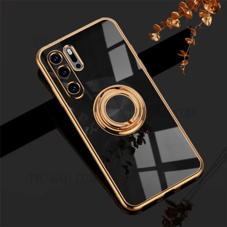 6D Electroplating Soft TPU Case with Metal Ring Kickstand for Huawei P20 Pro / P30 Pro / P40 Lite 4G