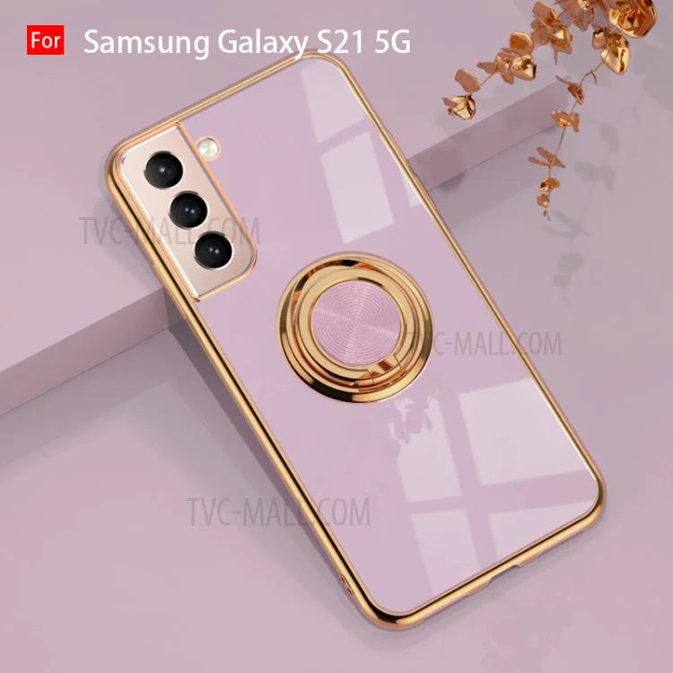6D Electroplating Soft TPU Case with Metal Ring Kickstand for Samsung Galaxy S21 5G/4G / Samsung Galaxy S21+ 5G / Samsung Galaxy S21 Ultra 5G / Samsung Galaxy S21 FE